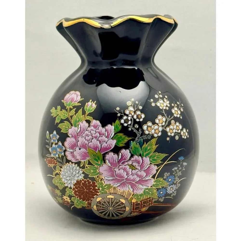 Vintage Bijutsu Toki Japan Black Floral Vase Gold Trim Flower Cart 5.25”